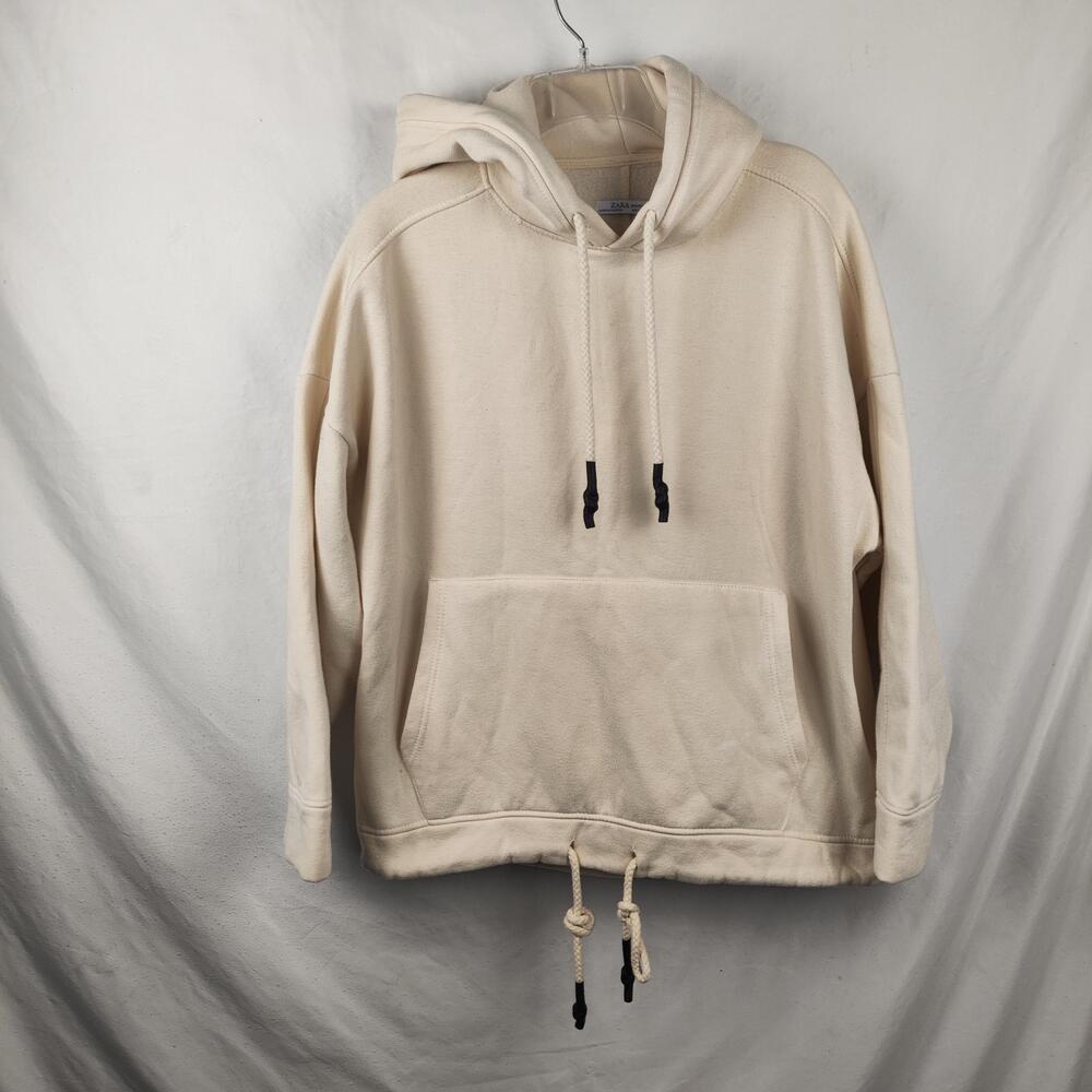 Zara Hoodie Womens Small White Fleece Kangaroo Pocket Drawstring Hem Pullover